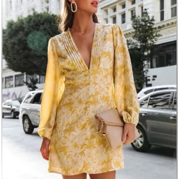 Fate Dress Women XL Peasant Sleeve Pintuck Deep Vneck Floral Mini Feminine Chic - Picture 1 of 10